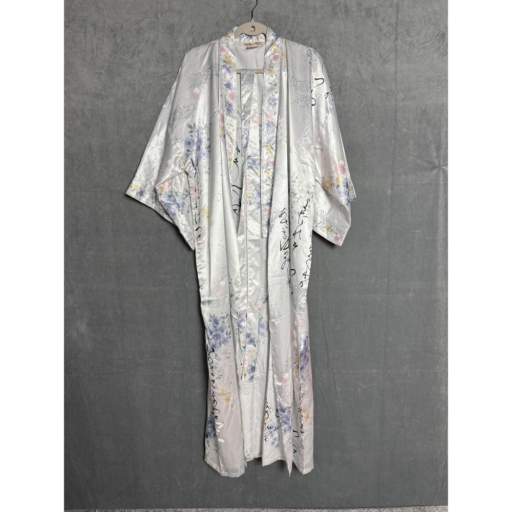 Vintage 70s Japanese Kimono Robe Floral White Satin Floral Calligraphy One Size